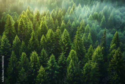 Fototapeta Naklejka Na Ścianę i Meble -  Sunlight beams through the mist in an enchanting view of a lush green pine forest