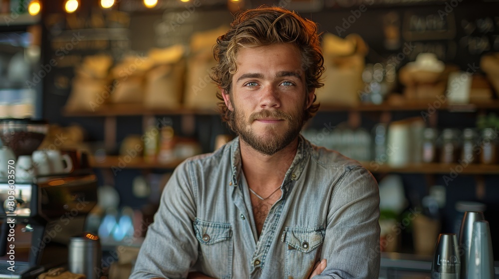 Fototapeta premium Man Sitting at Bar With Arms Crossed