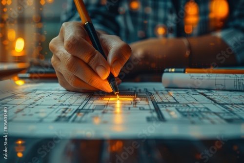 An architect or engineer is reviewing and marking architectural plans at night, indicating detail-oriented work and project planning