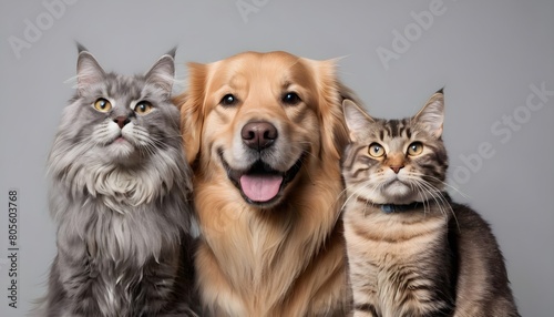 a group of pets, cats and a dog on a gray background, pedigreed animals looking at the camera, human friends © tatsiana502