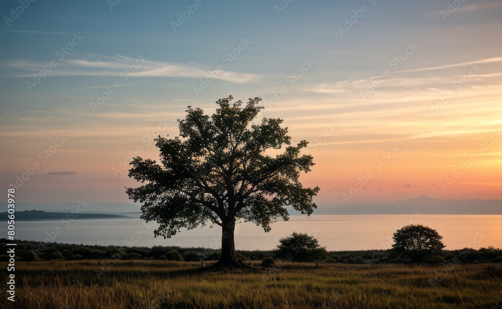 professional photograph of single tree in sunset