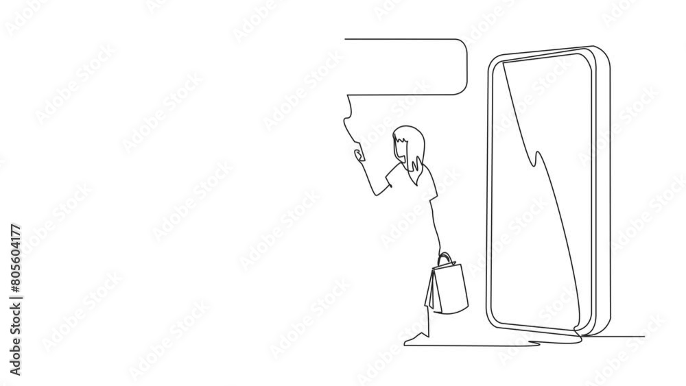 Self drawing animation of continuous one line drawing woman comes out of giant smartphone carry shopping bag, the other hand typing smartphone. Online shopping concept. Ecommerce. Full length animated Self drawing animation of continuous one line drawing woman comes out of giant smartphone carry shopping bag, the other hand typing smartphone. Online shopping concept. Ecommerce. Full length animated