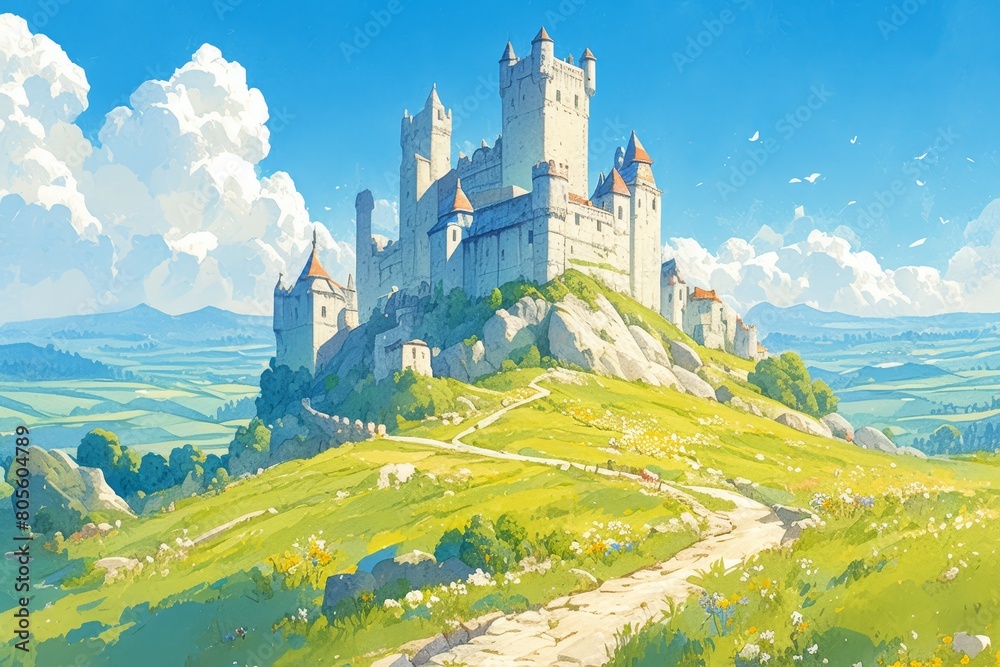 A beautiful castle sits atop a hill, with a winding path leading up to it.