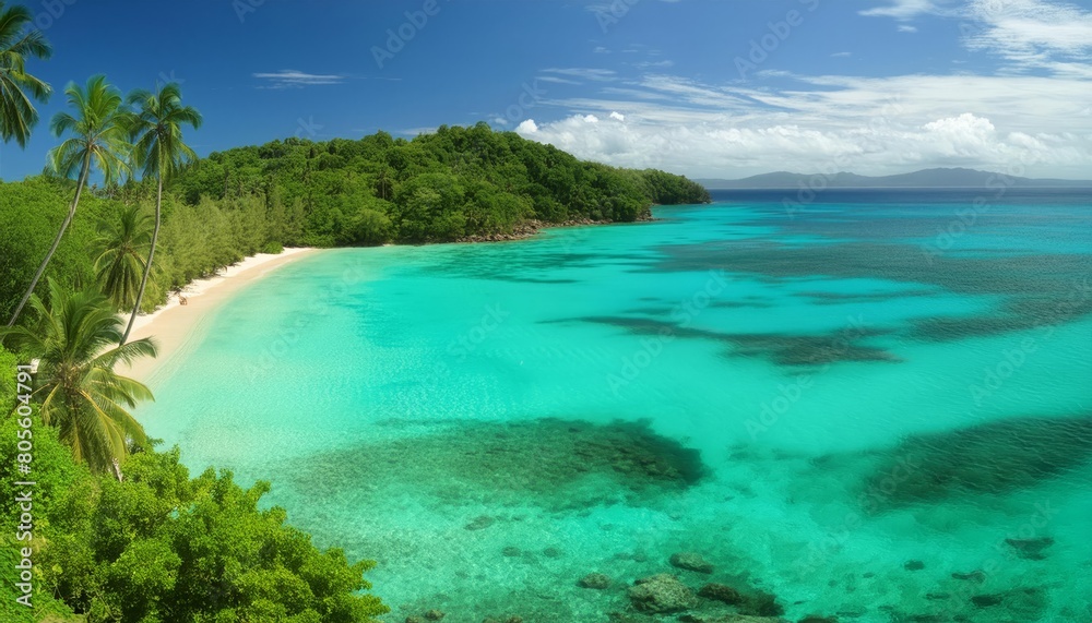 Obraz premium Tranquil tropical paradise beach panorama with turquoise water. Lush greenery. And clear scenic view