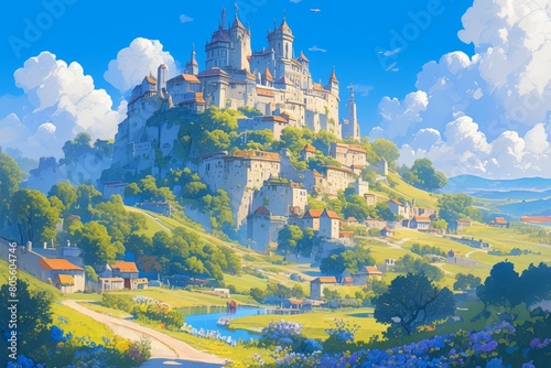 A beautiful castle sits atop a hill, with a winding path leading up to it. 