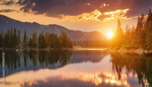 Sunset glow over serene mountain lake