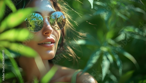 A beautiful woman wearing sunglasses with cannabis leaves reflecting in the glasses, surrounded by dark green plants. 