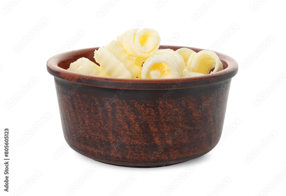 Tasty butter curls in bowl isolated on white Tasty butter curls in bowl isolated on white