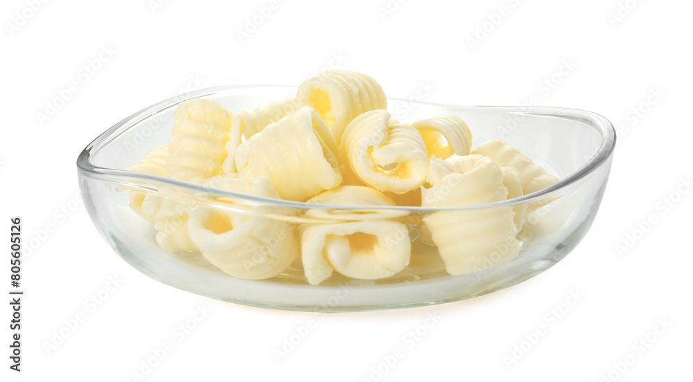 Tasty butter curls in bowl isolated on white Tasty butter curls in bowl isolated on white