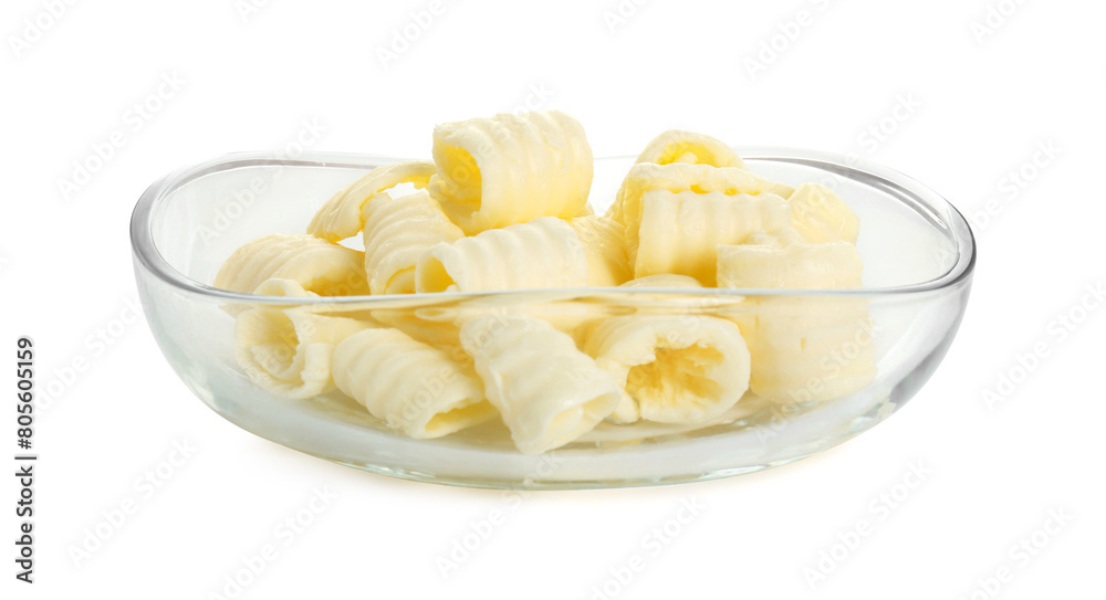 Tasty butter curls in bowl isolated on white Tasty butter curls in bowl isolated on white