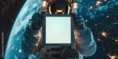 Photograph of an astronaut holding up a blank white tablet screen in space, with Earth visible in the background.