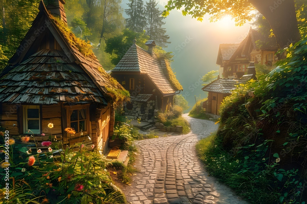 Fototapeta premium Scenic Magical Village Morning View – Stock Photography for Picturesque Landscapes, Quaint Village Scenes, and Serene Sunrise Moments