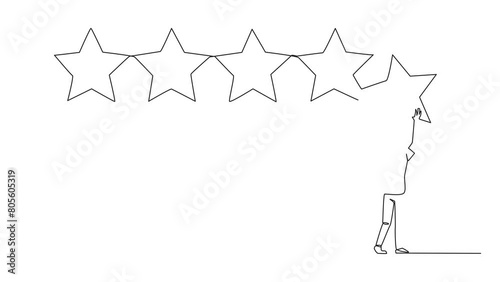 Animation of continuous one line drawing young man stood holding up a star with both hands and pasting it up to make 5 stars in a row. Give the best review. Online shop. Full length motion photo