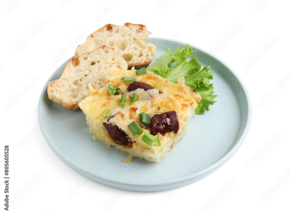 Tasty sausage casserole with green onion and bread isolated on white