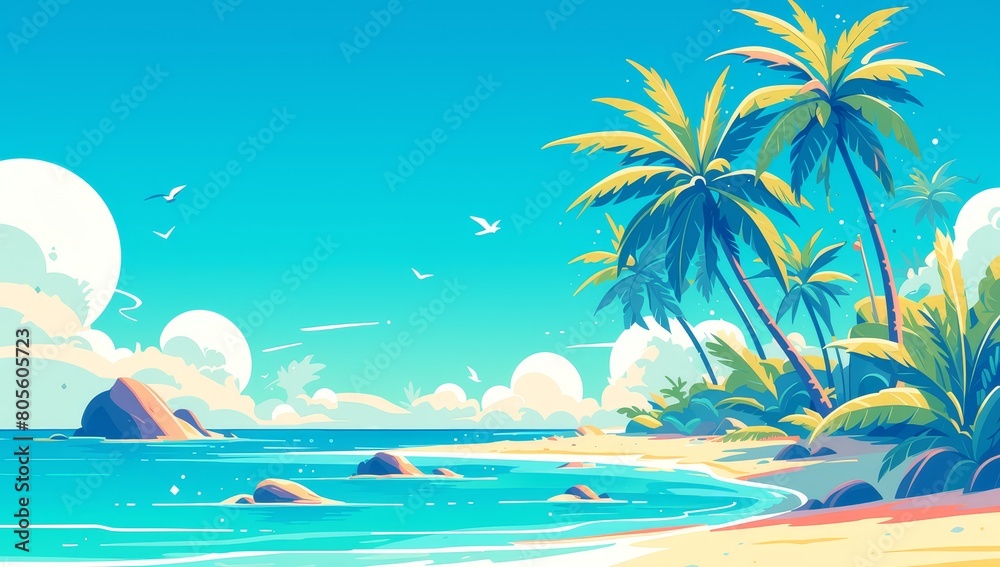 A cartoon beach scene with palm trees and rocks in the background, depicting a tropical island