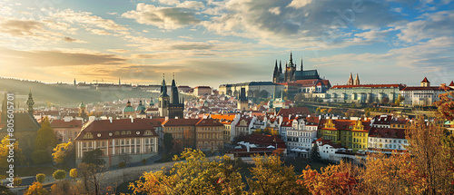 Prague Castle in Czech Republic overlooking city skyline with cloudy sky in the background. photo