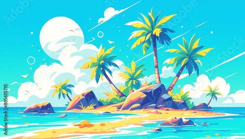 A cartoon beach scene with palm trees and rocks in the background  depicting a tropical island