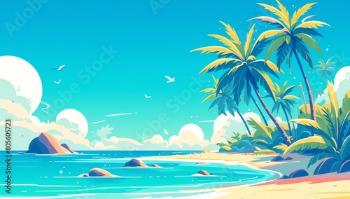 A cartoon beach scene with palm trees and rocks in the background  depicting a tropical island