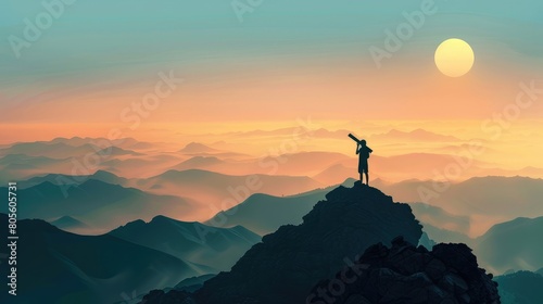 A silhouette of a person standing on top of a mountain looking out into the distance with a telescope in hand. The vast open landscape represents the endless pursuit of truth photo