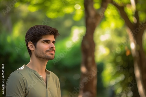 A man is standing in a park, looking at the camera with a smile on his face