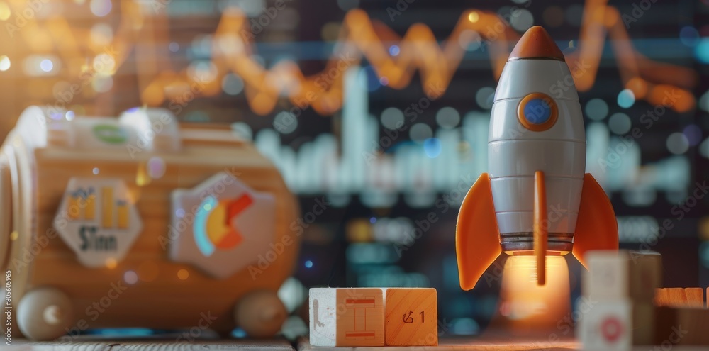 Rocket ship toy with data charts and graphs in the background ...