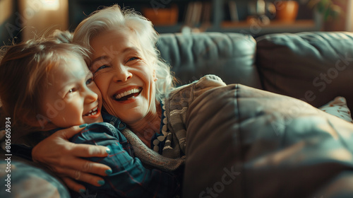  Happy blonde grandma and cheerful granddaughter child playing active games on home sofa. Grandmother and grandkid enjoying funny leisure on family meeting, having fun, hugging on couch