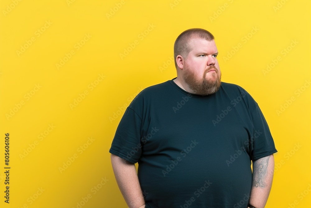 A man with a beard and a black shirt is standing in front of a yellow wall A man with a beard and a black shirt is standing in front of a yellow wall
