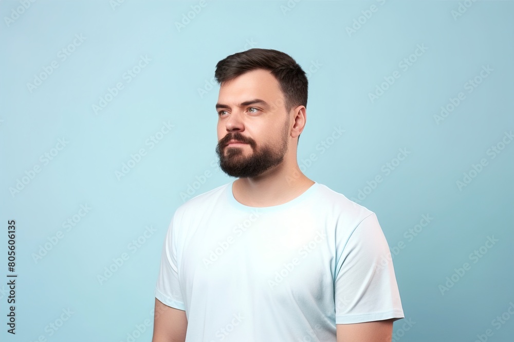 Fototapeta premium A man with a beard and a blue shirt is standing in front of a blue wall