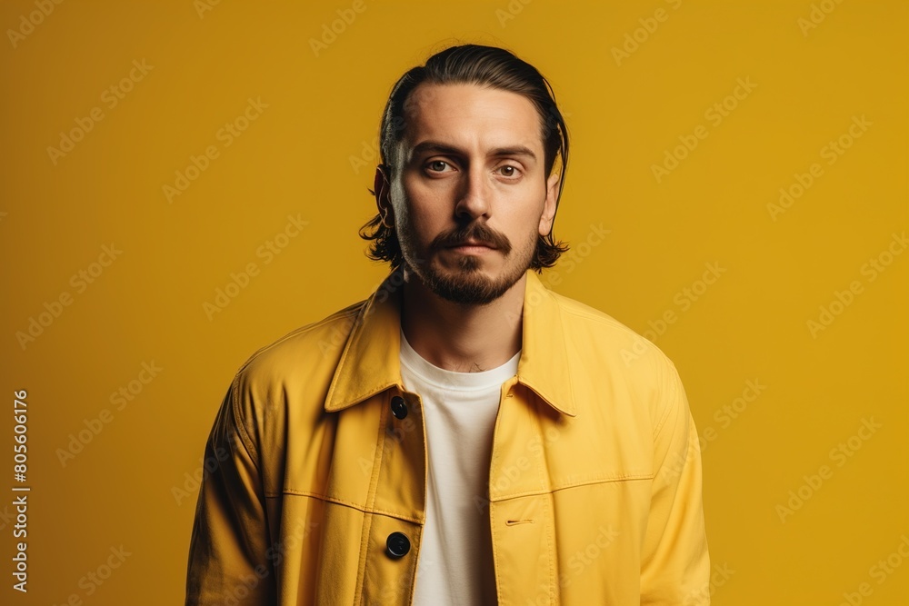 Obraz premium A man in a yellow jacket is standing in front of a yellow background