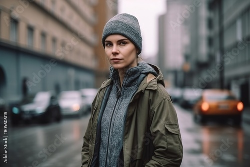 A woman wearing a green jacket and a gray hat stands on a wet street © Juan Hernandez