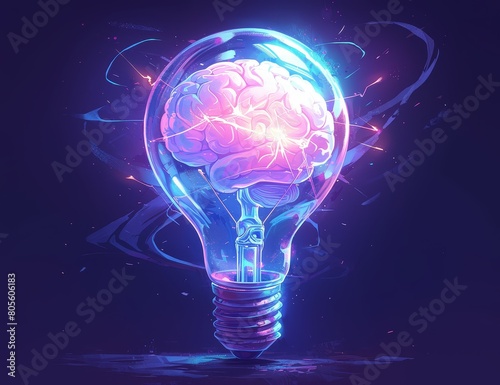colorful illustration of an idea bulb with a brain inside, representing creative thinking and ideas for design. The lightbulb is designed in the style of two stylized brains, symbolizing intelligence