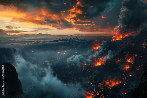 A fiery landscape with a volcano in the background