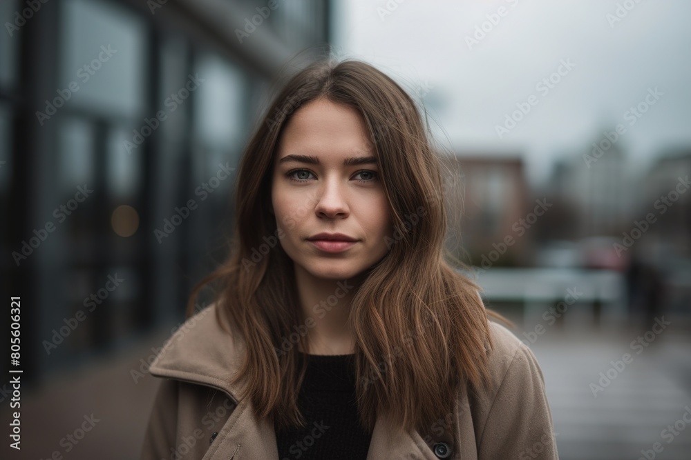 A woman with long brown hair is standing in front of a building A woman with long brown hair is standing in front of a building