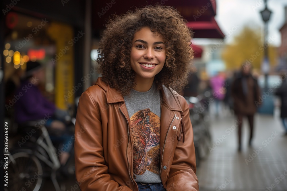 A woman with curly hair is smiling and wearing a leather jacket