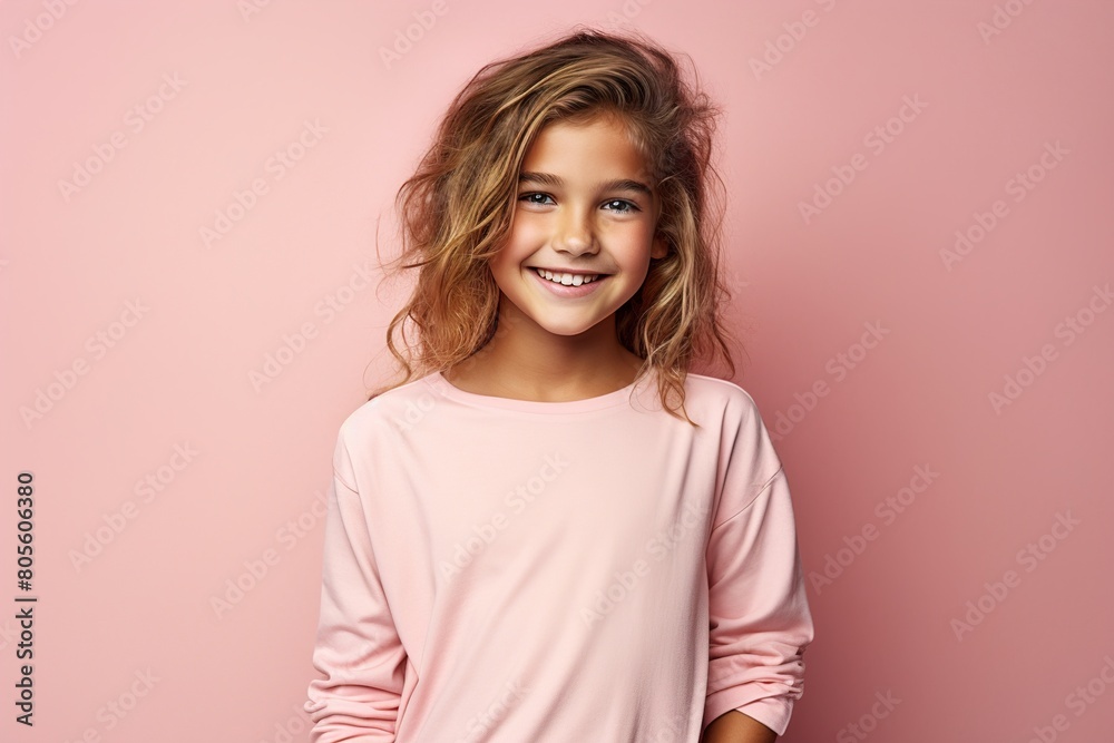 Fototapeta premium A young girl is smiling and wearing a pink shirt