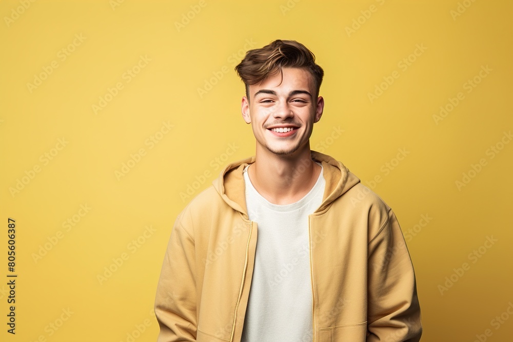 A young man is smiling and wearing a yellow jacket A young man is smiling and wearing a yellow jacket