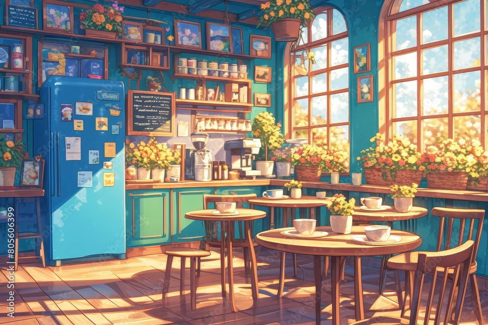 A cozy cafe interior with teal walls, wooden tables and chairs, an old-fashioned blue refrigerator displaying chalkboard menu items in the warm lighting that creates an inviting ambiance.