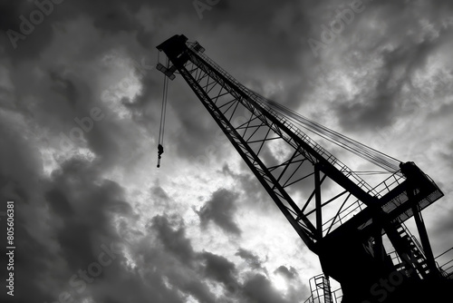 Black and white image of a silhouette of a crane against a cloudy sky