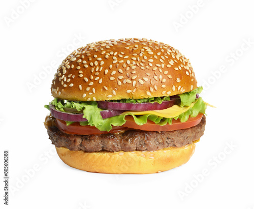 Burger with delicious patty isolated on white
