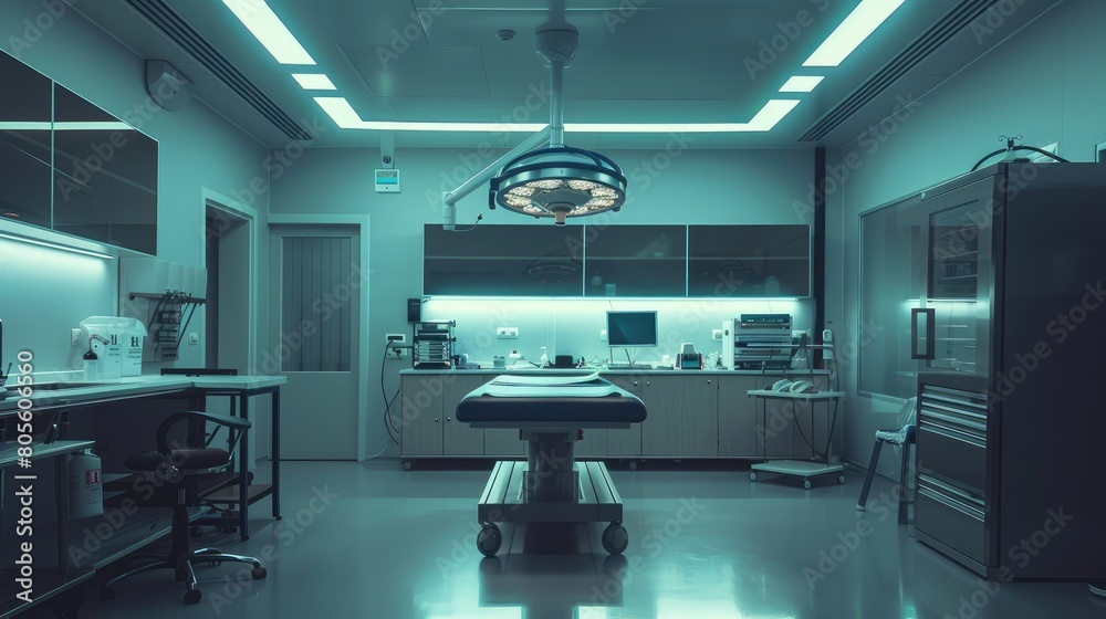 A sterile medical environment with state-of-the-art equipment neatly arranged. An empty examination table sits under a soft glow of medical lights.