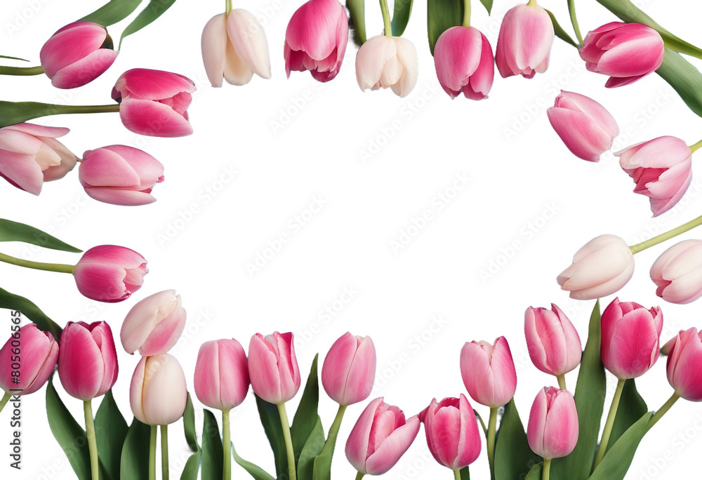 Spring holiday background Flowers for Valentines Mothers or Womens Day Pink tulips flowers frame isolated on transparent background Spring holiday background Flowers for Valentines Mothers or Womens Day Pink tulips flowers frame isolated on transparent background