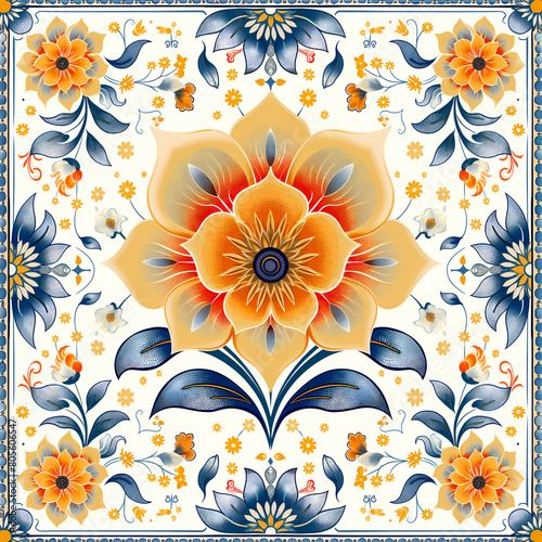 Seamless pattern with floral ornament in gzhel style. photo
