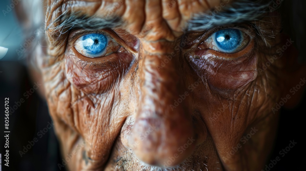 portrait photography, a captivating image of an older individual with bright blue eyes, embodying the tales and experience etched on their face