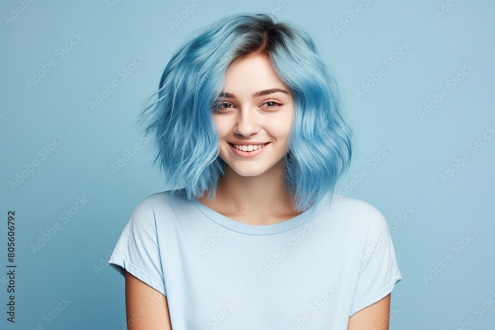 Obraz premium A woman with blue hair is smiling and wearing a blue shirt