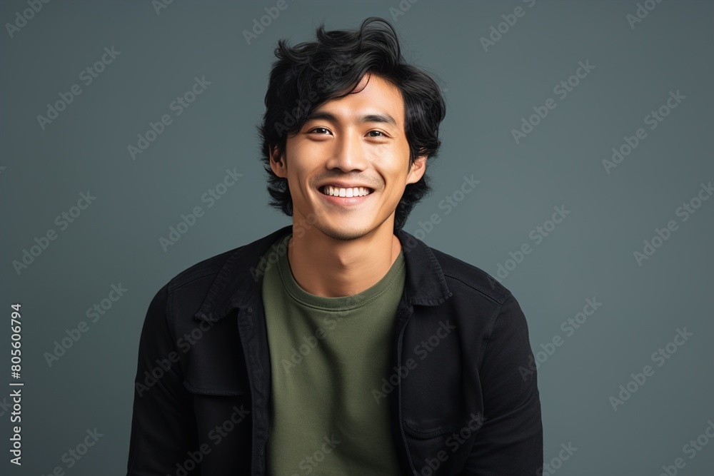A man with a green shirt and black jacket is smiling A man with a green shirt and black jacket is smiling