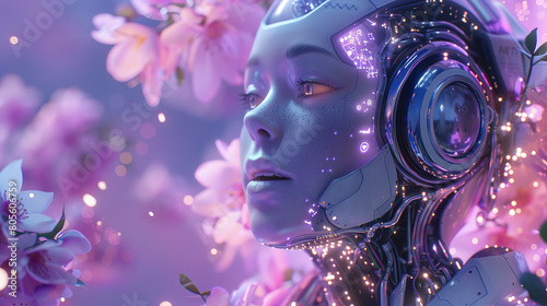 Closeup of AI android robot expressing emotion looking at flowers nature open eyes and expressive face machine awakening