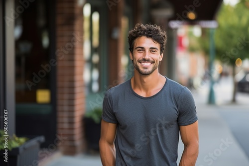 A man with a smile on his face is standing on a sidewalk in front of a brick bui
