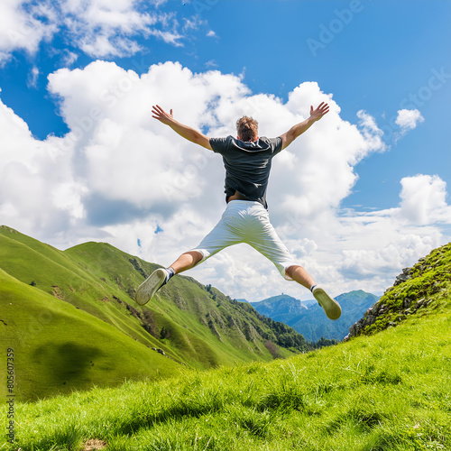 adult man, seen from behind, mid-jump with his arms and legs spread out. It’s a picture of joy, freedom, and happiness in a beautiful natural setting
