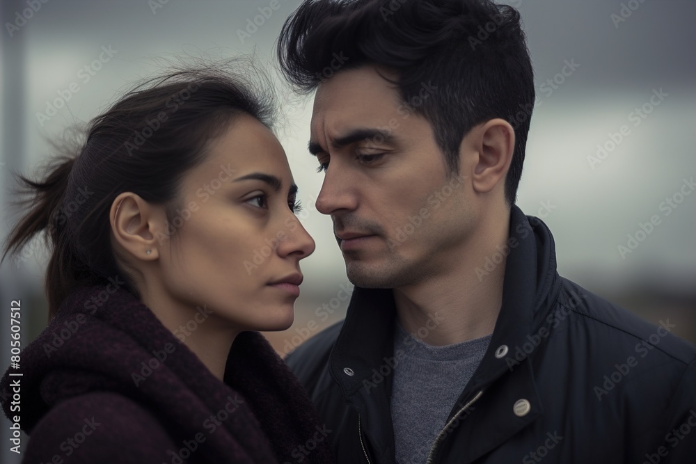 A man and a woman are standing close to each other A man and a woman are standing close to each other