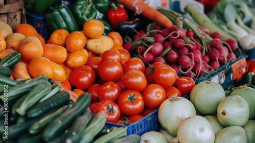 A vibrant mix of fruits and vegetables piled together in the produce section